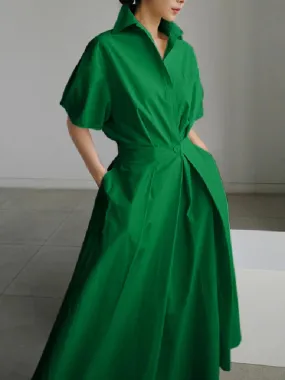 High Waisted Loose Pleated Solid Color V-Neck Midi Dresses XL 117781
