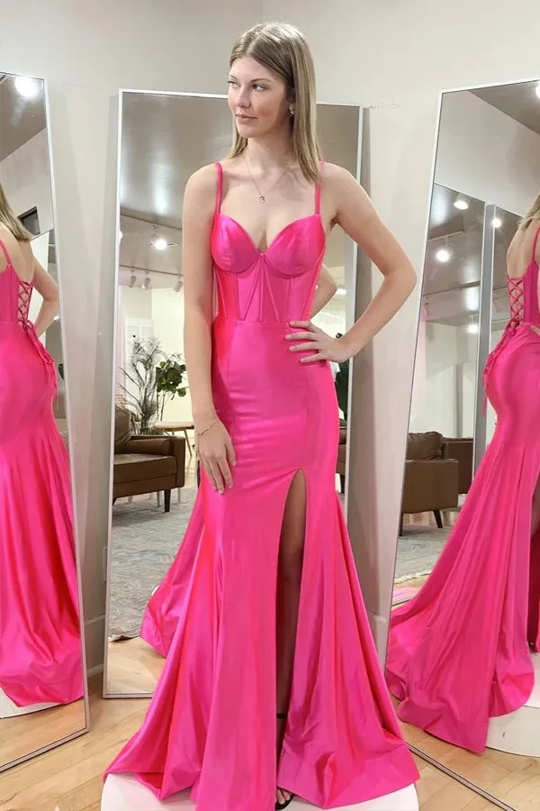 Hot Pink Straps Satin Long Mermaid Prom Dresses