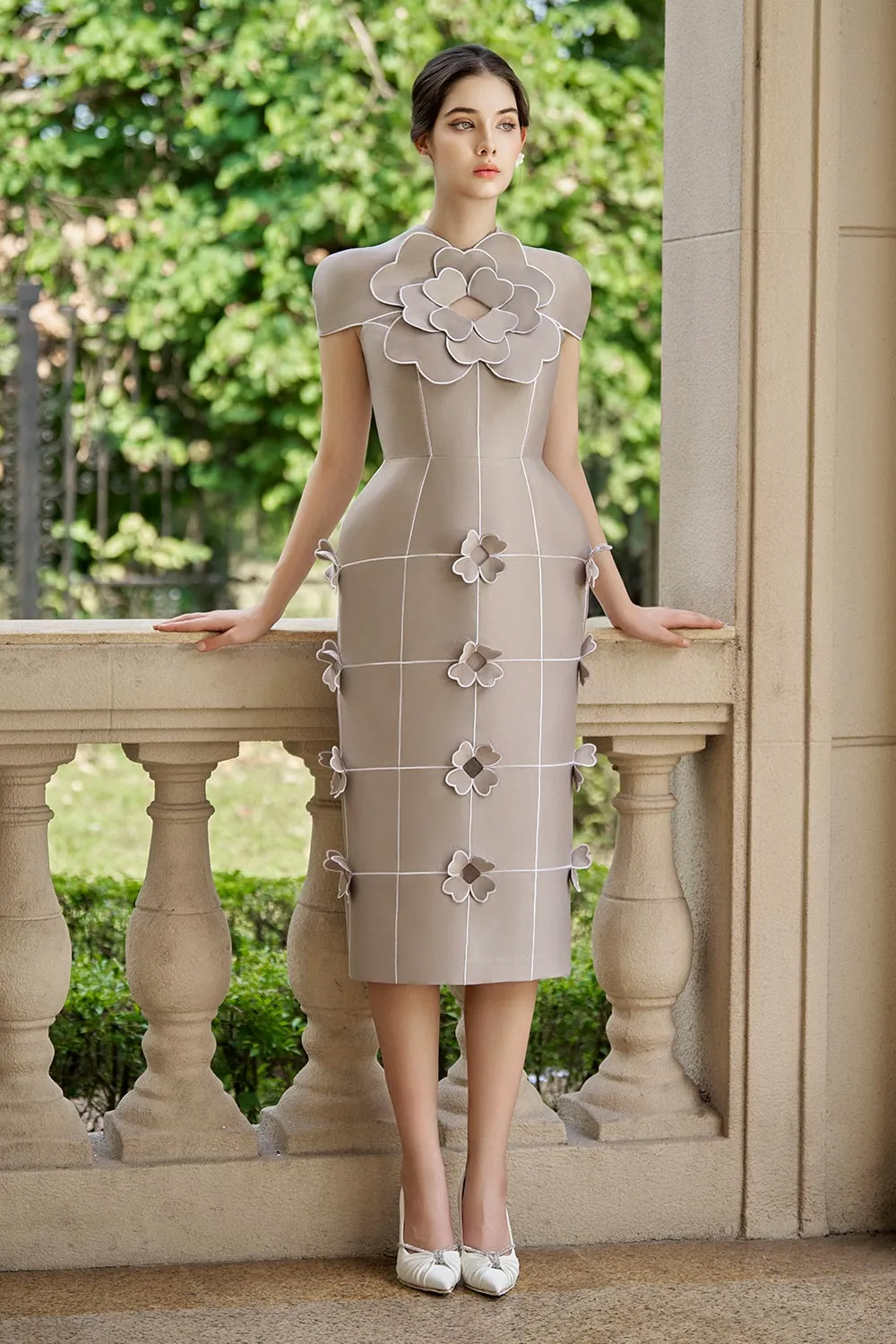 Iliana Pegged Flower Applique Taffeta Calf Length Dress