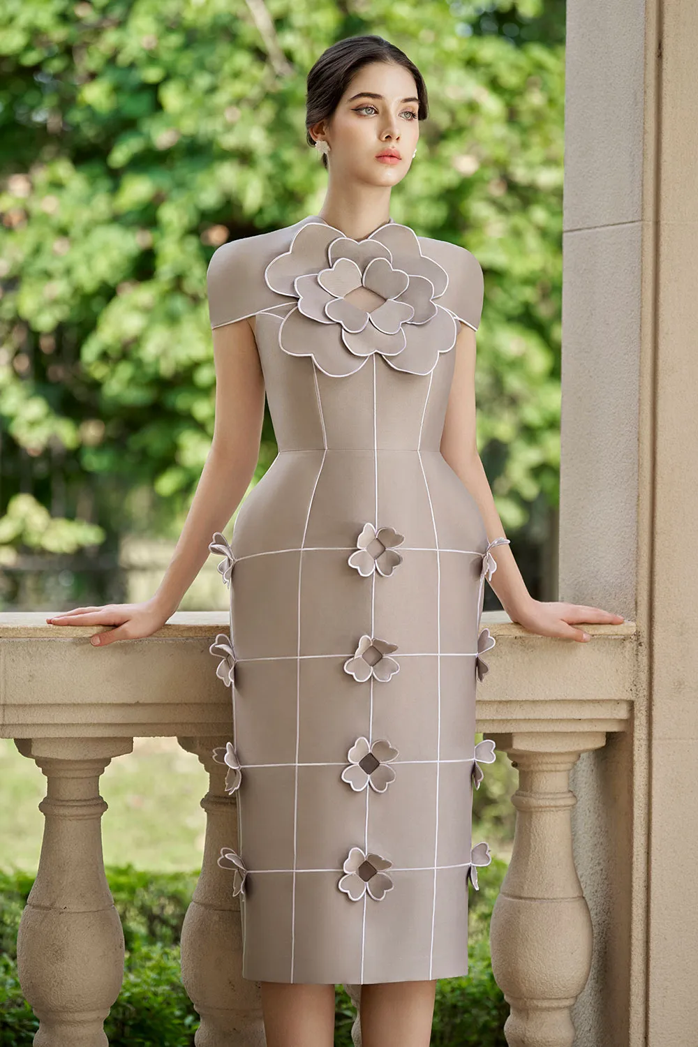 Iliana Pegged Flower Applique Taffeta Calf Length Dress