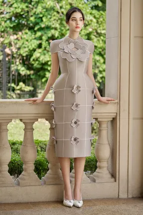 Iliana Pegged Flower Applique Taffeta Calf Length Dress