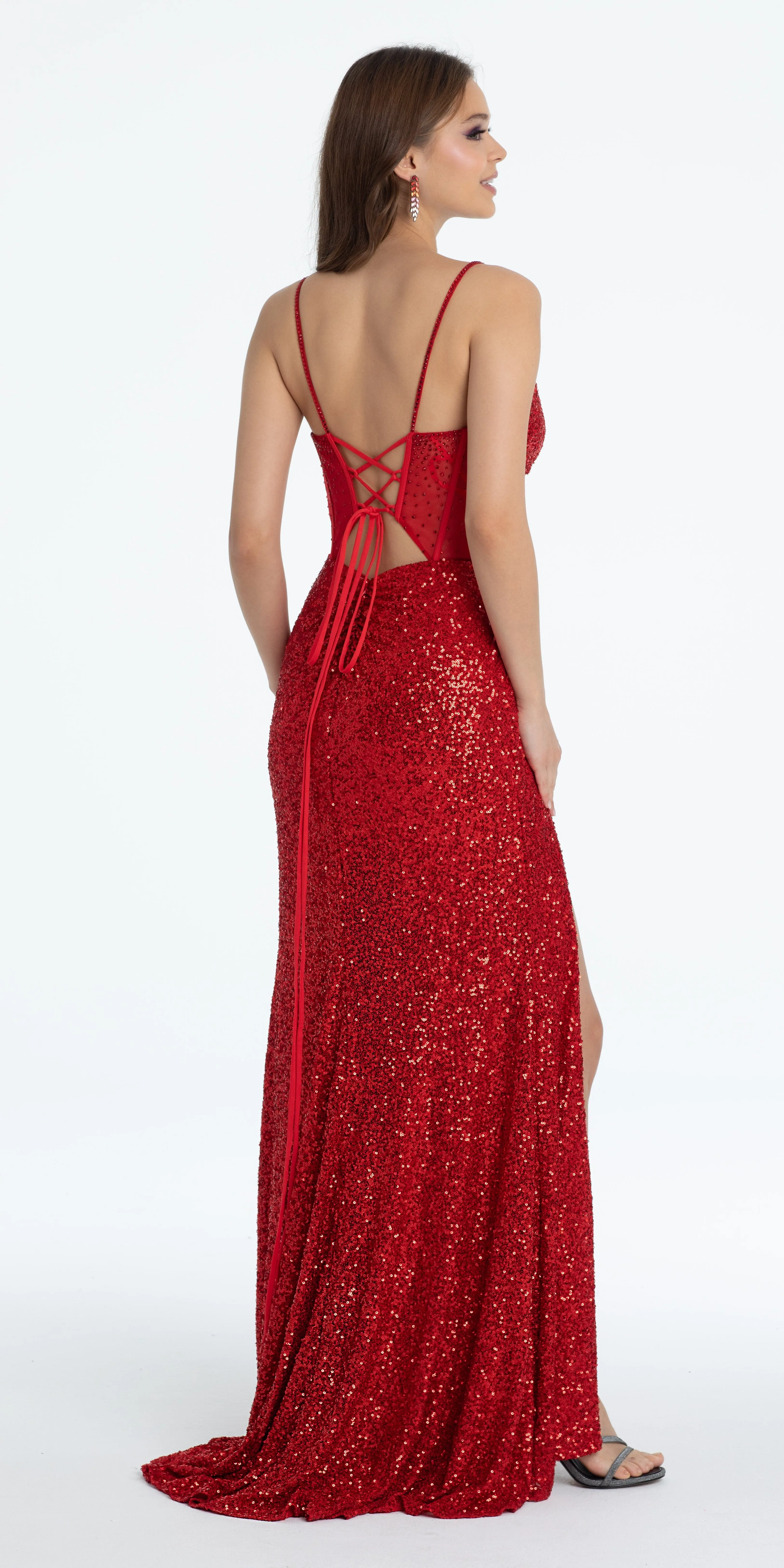 Illusion Sequin Corset Lace Up Column Dress