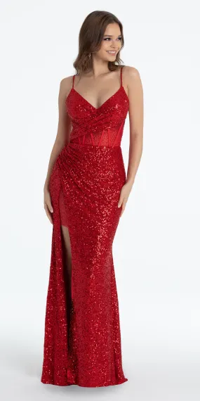 Illusion Sequin Corset Lace Up Column Dress