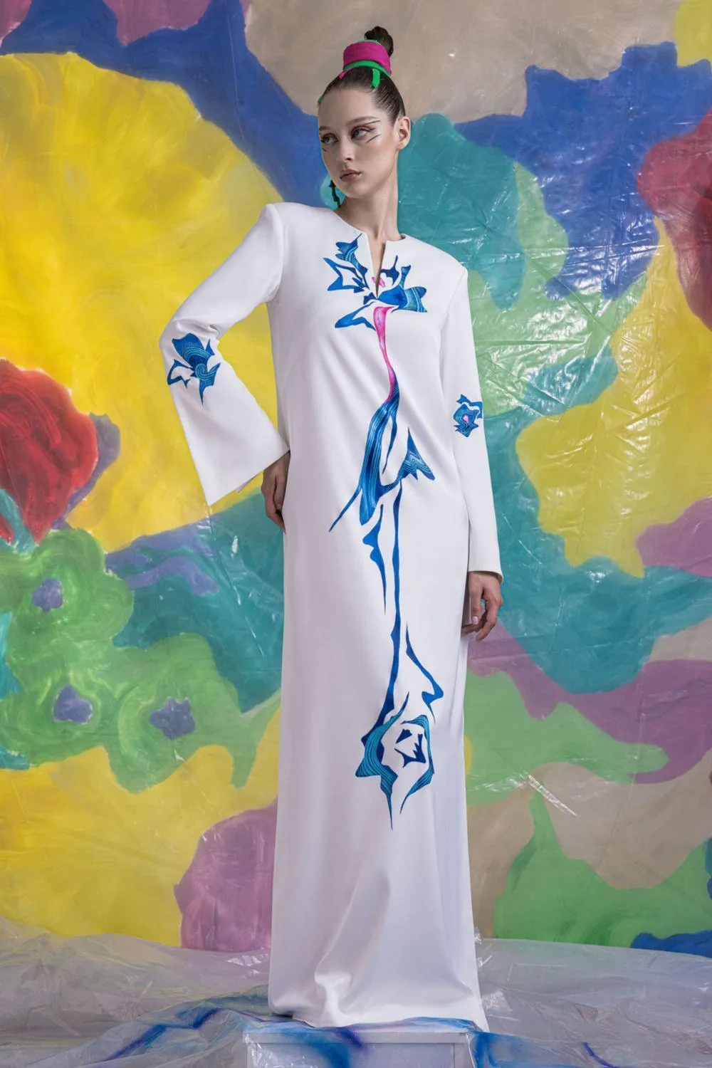 Isla Straight Long Sleeved Satin Floor Length Dress