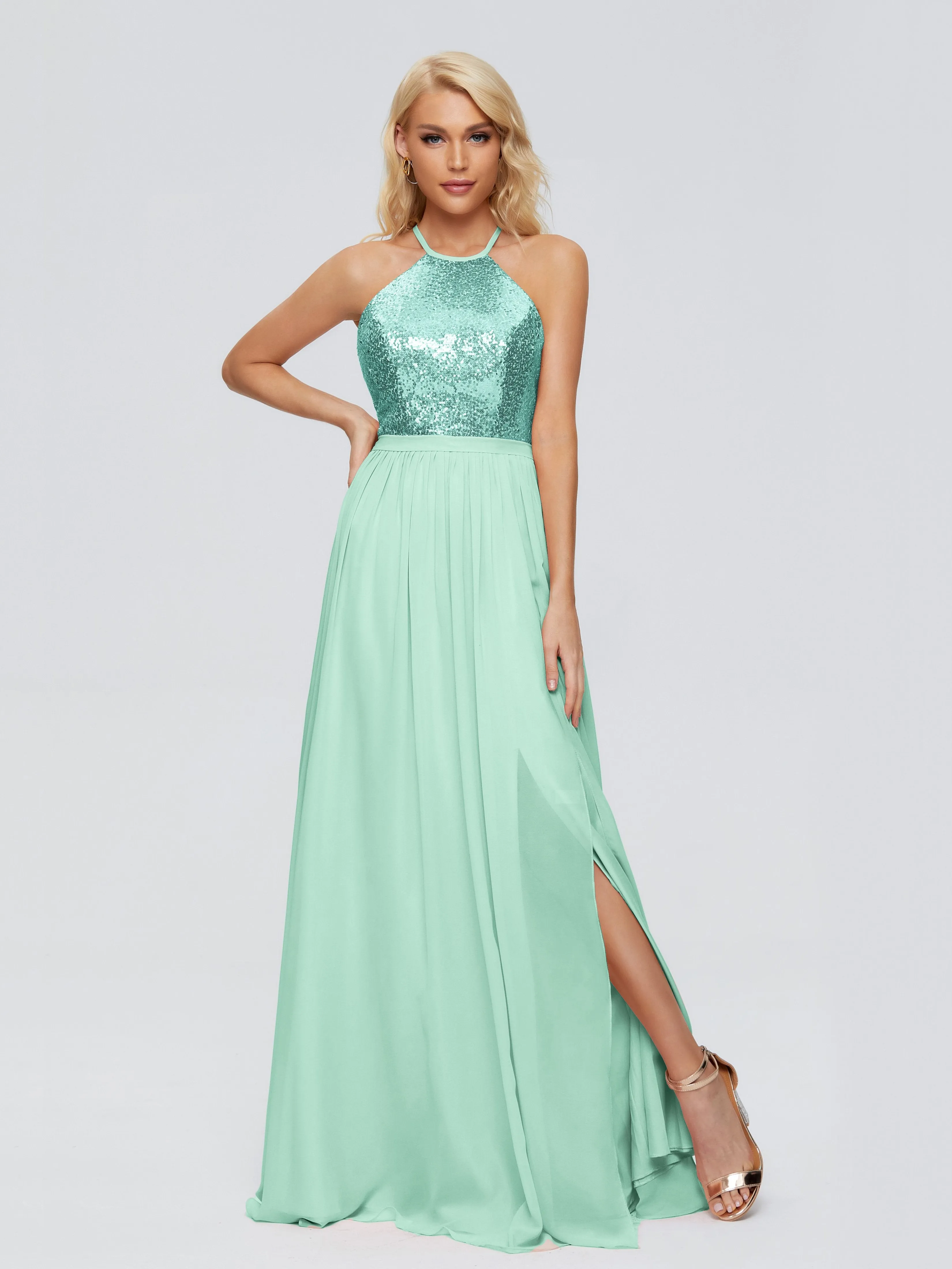 Jasmine A-line Halter Sequins Prom Dresses