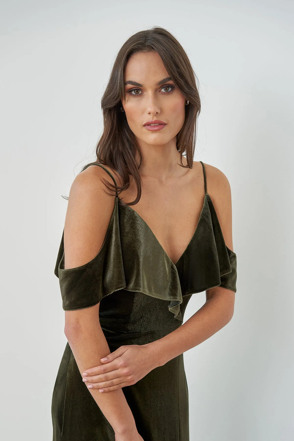 Jasmine B253063 Stretch Velvet A-line Gown with V-Neckline and Soft Ruffled Bodice and Sleeves | Autumn Green