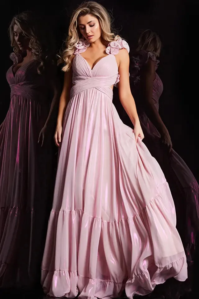 Jovani 26248 Long prom Dress V Neckline Empire Waist Pleated Ruffle Ruched Formal Pageant Gown