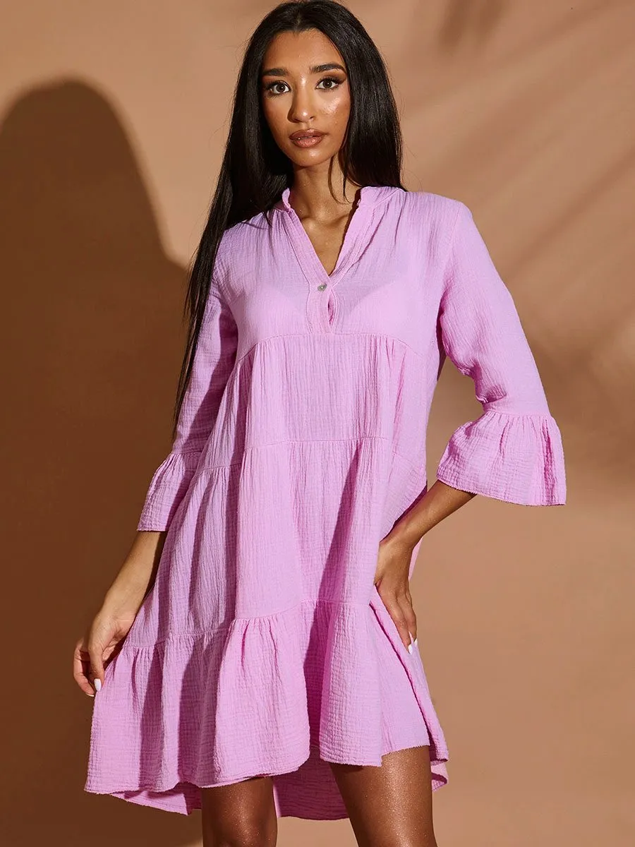 Justyna Textured Frill Smock Dress In Pink