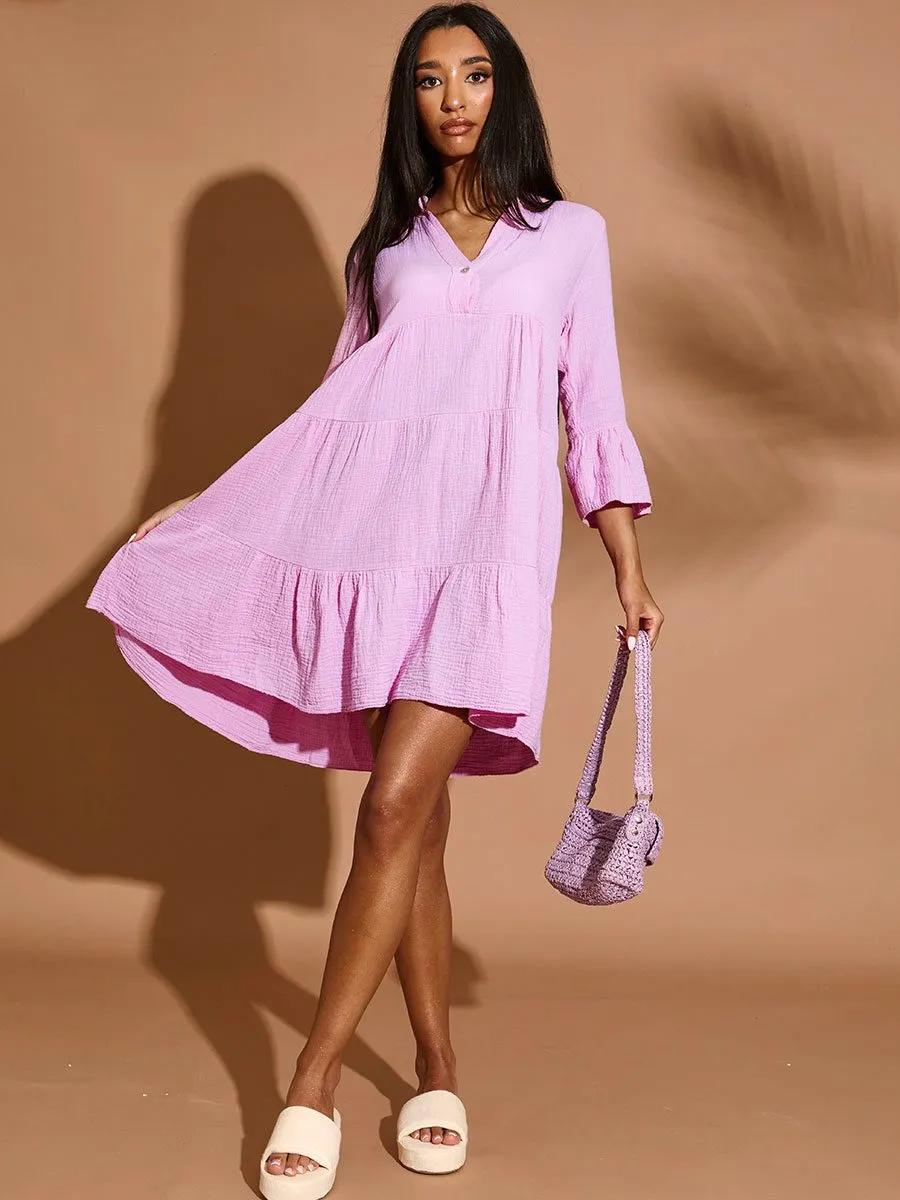 Justyna Textured Frill Smock Dress In Pink
