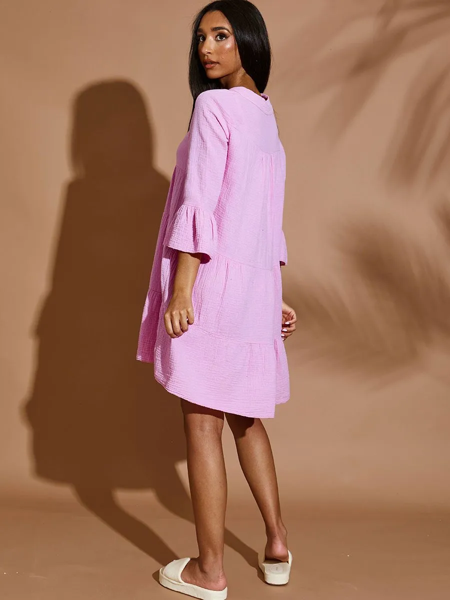 Justyna Textured Frill Smock Dress In Pink