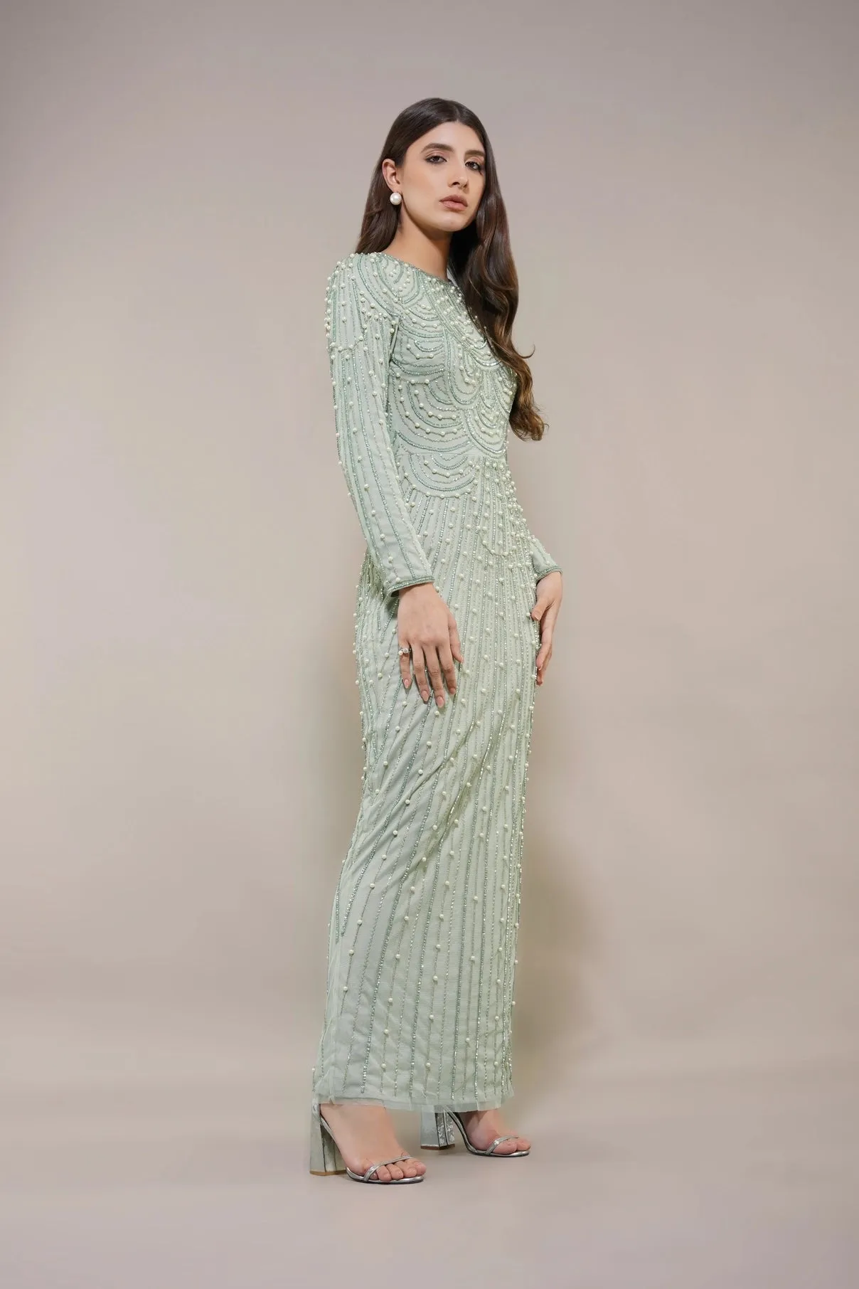 Lace & Beads Mabel Embellished Pearl Pistachio Green Maxi Dress