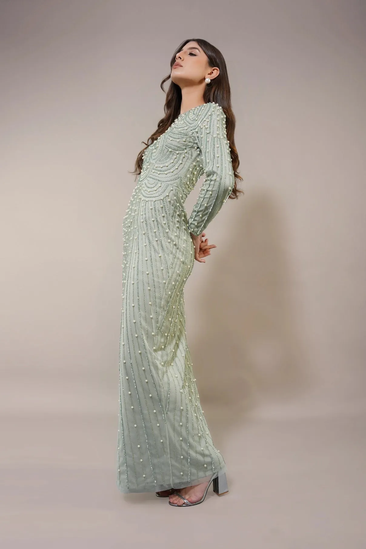 Lace & Beads Mabel Embellished Pearl Pistachio Green Maxi Dress