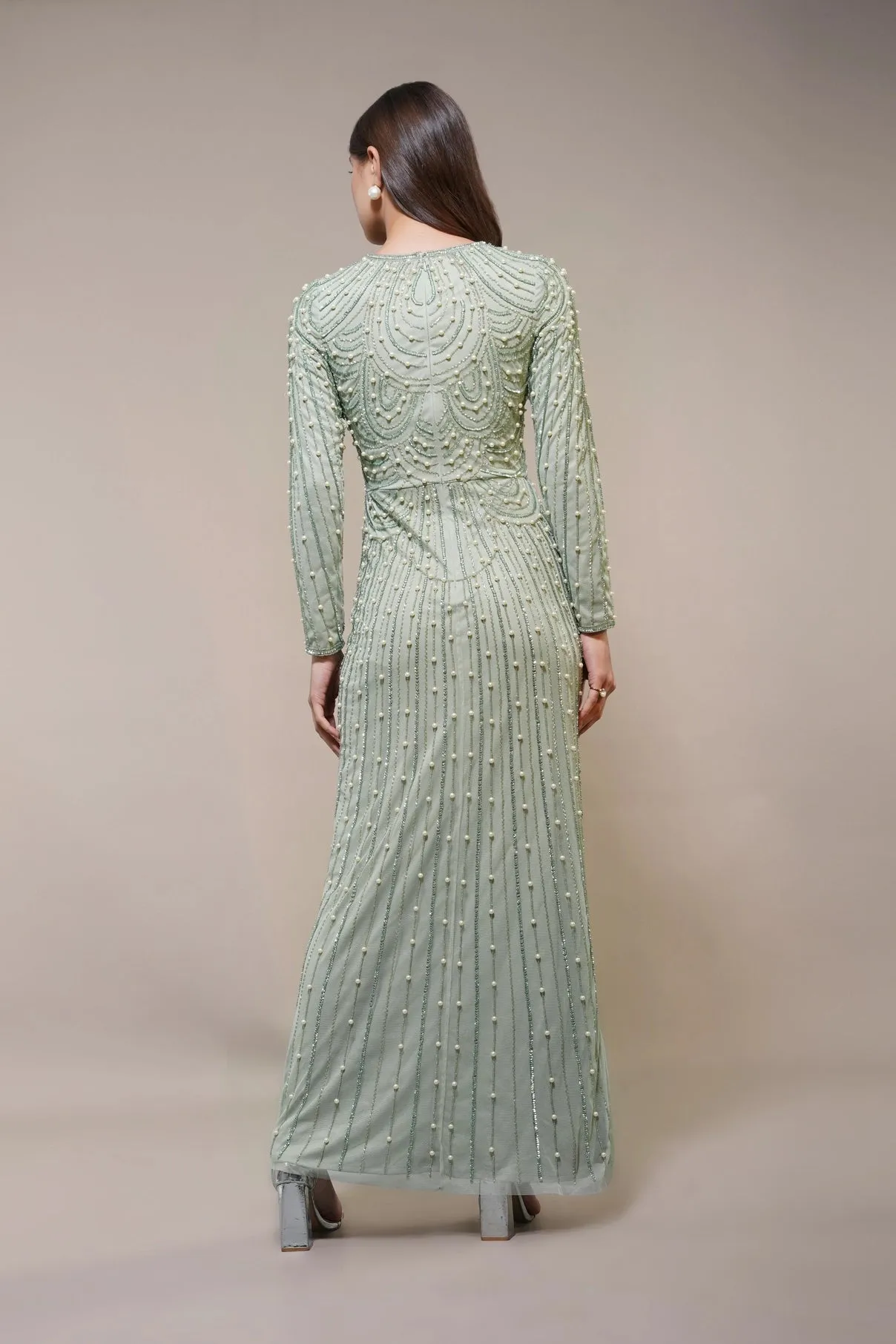 Lace & Beads Mabel Embellished Pearl Pistachio Green Maxi Dress