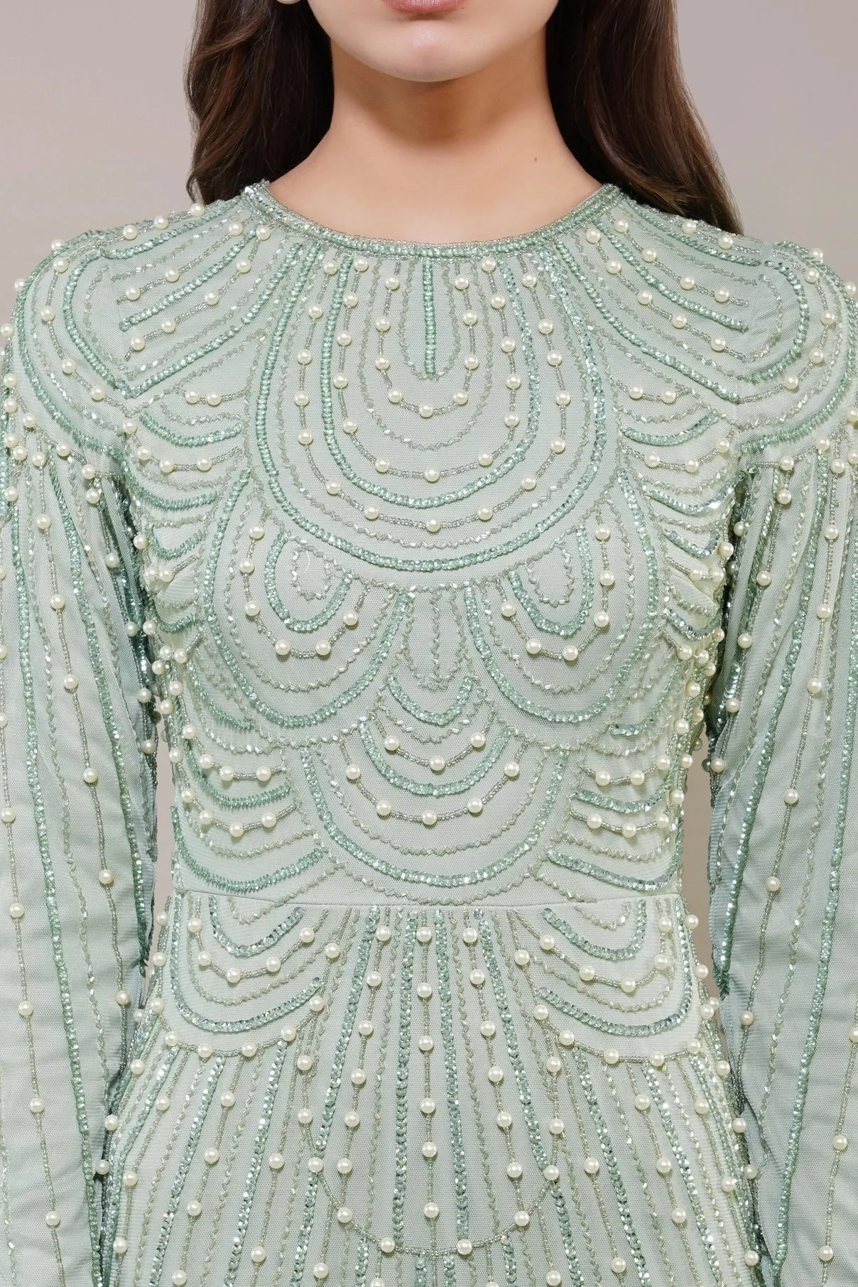 Lace & Beads Mabel Embellished Pearl Pistachio Green Maxi Dress