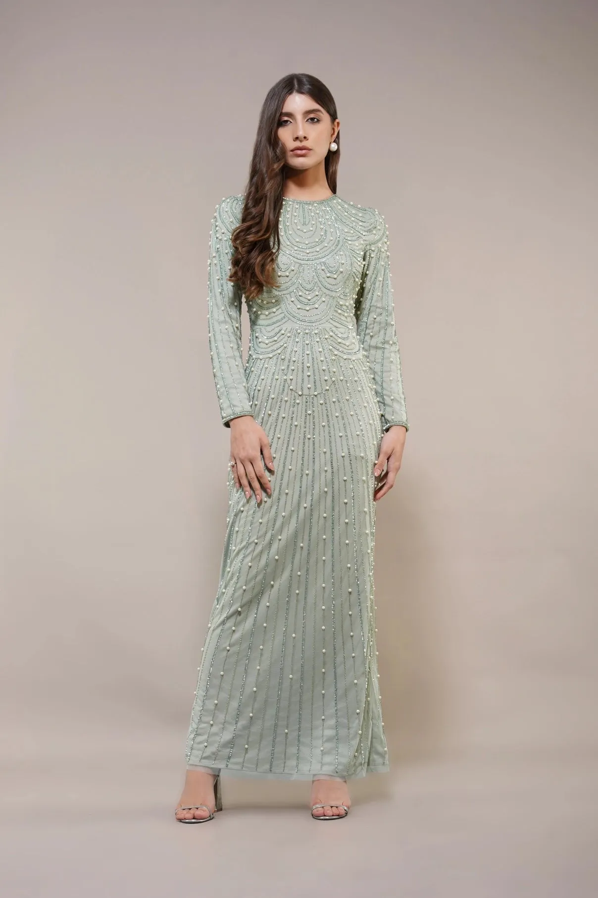Lace & Beads Mabel Embellished Pearl Pistachio Green Maxi Dress