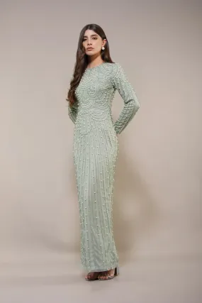 Lace & Beads Mabel Embellished Pearl Pistachio Green Maxi Dress