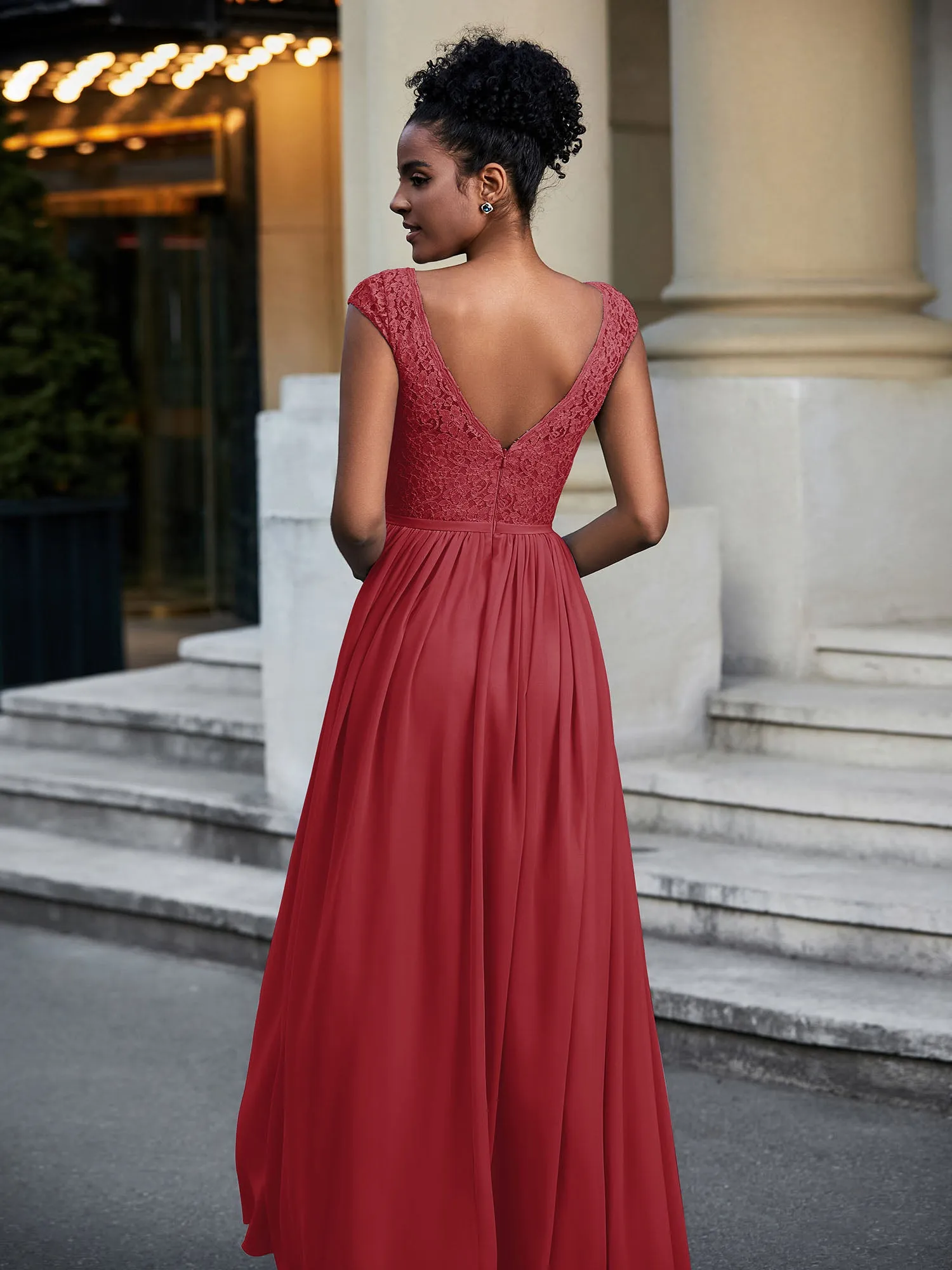 Lace and Chiffon Maxi Dress with Cap Sleeves-Burgundy