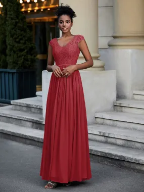 Lace and Chiffon Maxi Dress with Cap Sleeves-Burgundy