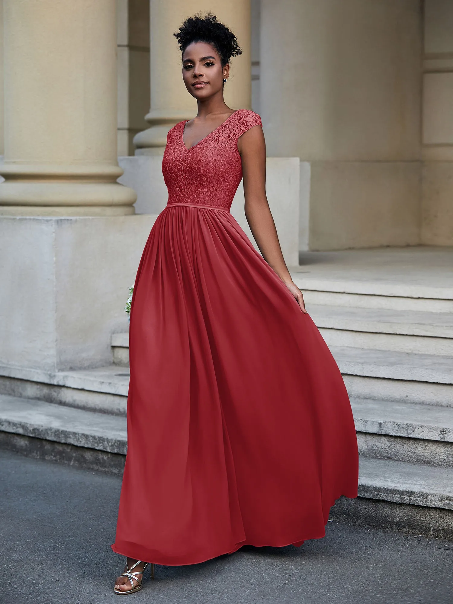 Lace and Chiffon Maxi Dress with Cap Sleeves-Burgundy