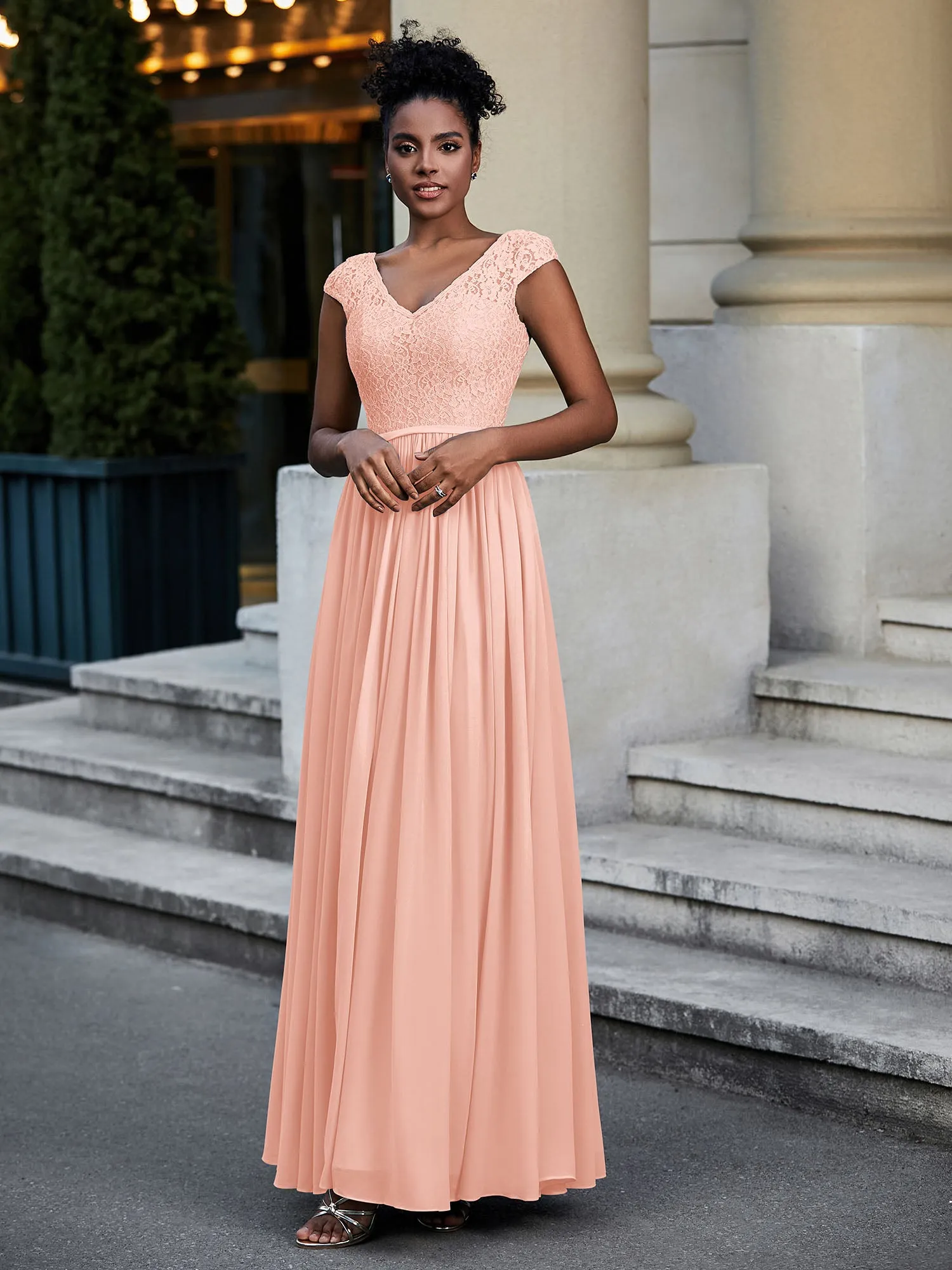 Lace and Chiffon Maxi Dress with Cap Sleeves-Coral Plus Size