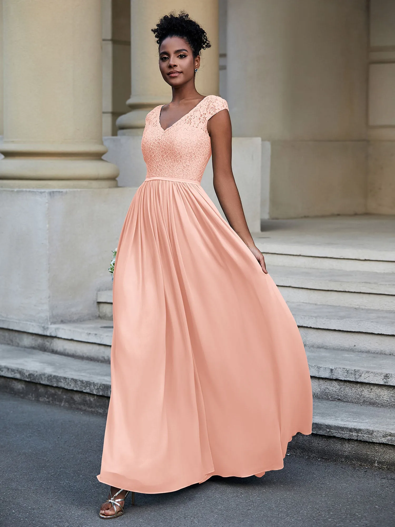 Lace and Chiffon Maxi Dress with Cap Sleeves-Coral Plus Size