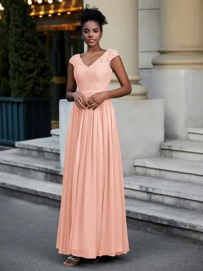 Lace and Chiffon Maxi Dress with Cap Sleeves-Coral Plus Size