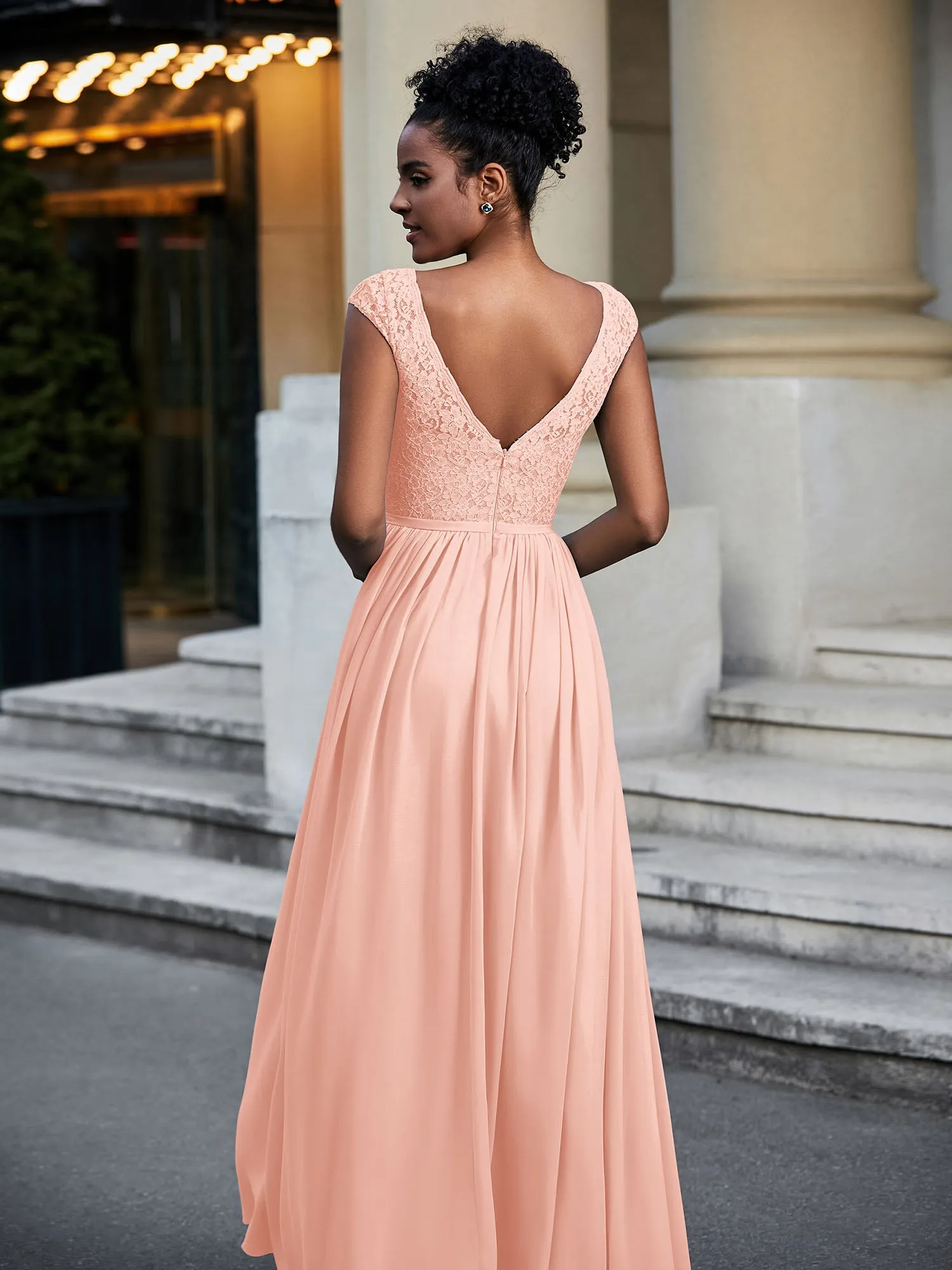 Lace and Chiffon Maxi Dress with Cap Sleeves-Coral Plus Size