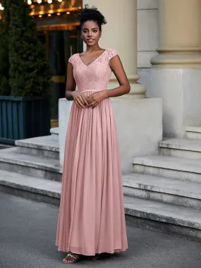 Lace and Chiffon Maxi Dress with Cap Sleeves-Dusty Rose Plus Size