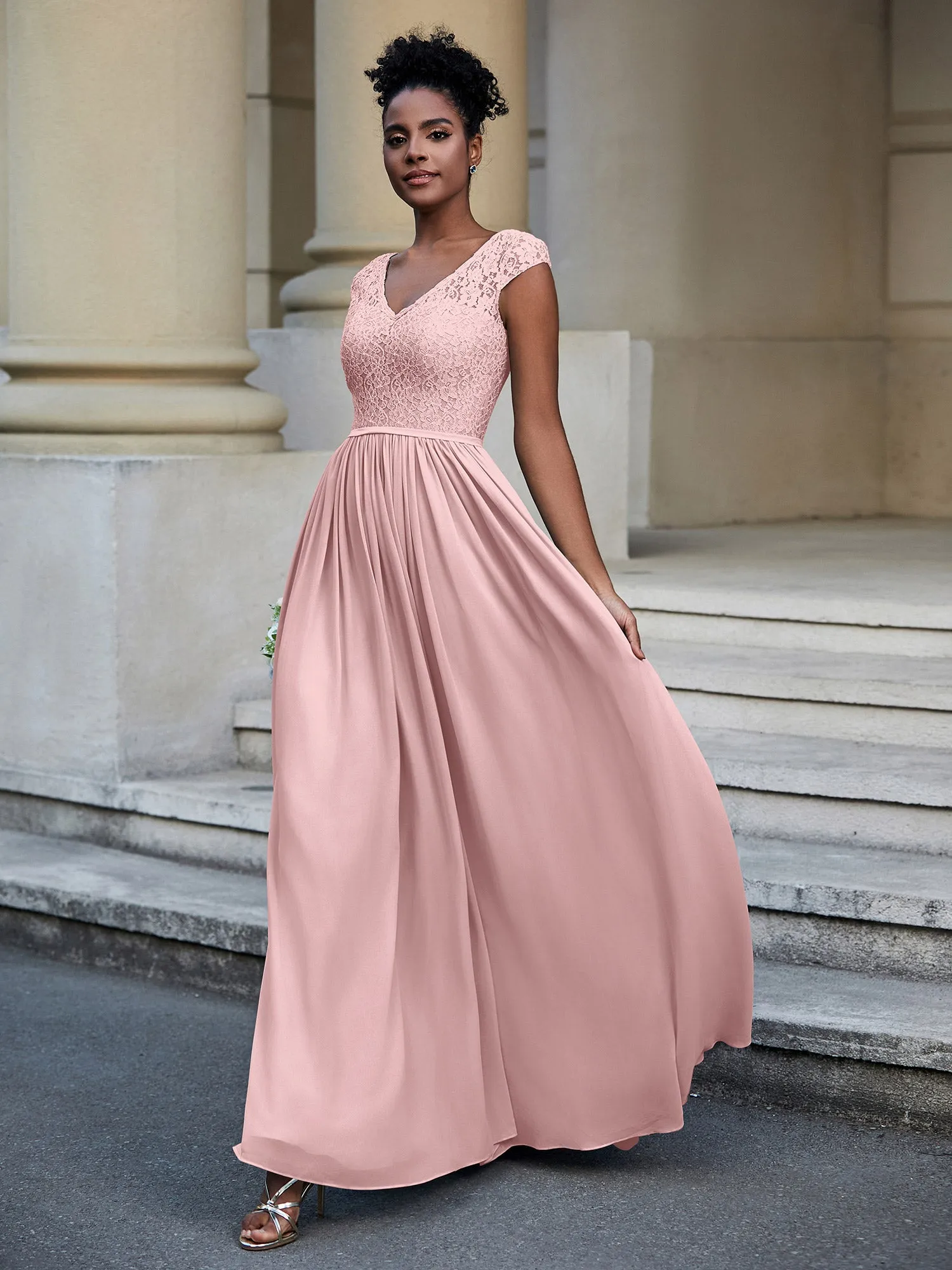 Lace and Chiffon Maxi Dress with Cap Sleeves-Dusty Rose