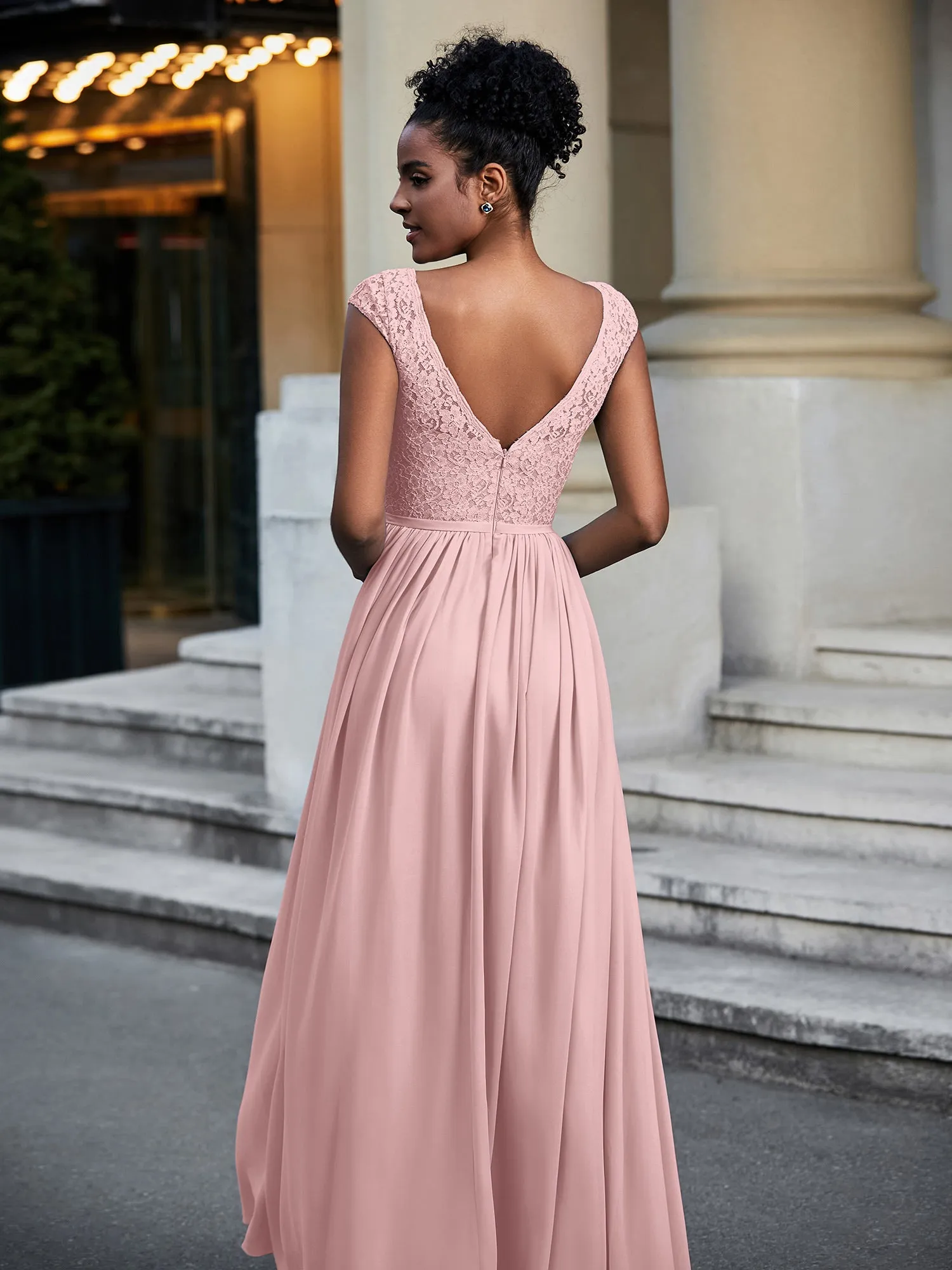 Lace and Chiffon Maxi Dress with Cap Sleeves-Dusty Rose