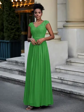 Lace and Chiffon Maxi Dress with Cap Sleeves-Green