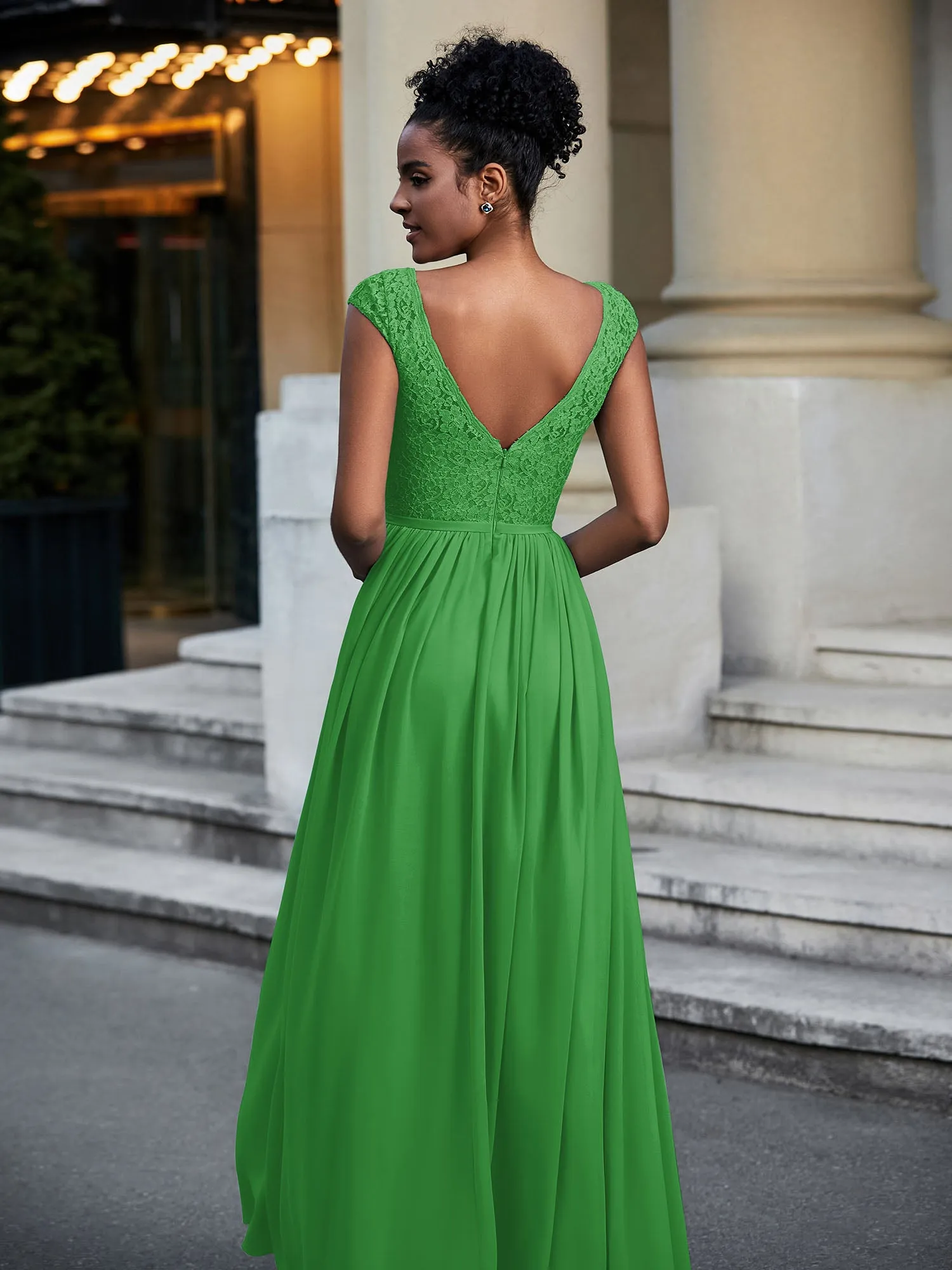 Lace and Chiffon Maxi Dress with Cap Sleeves-Green