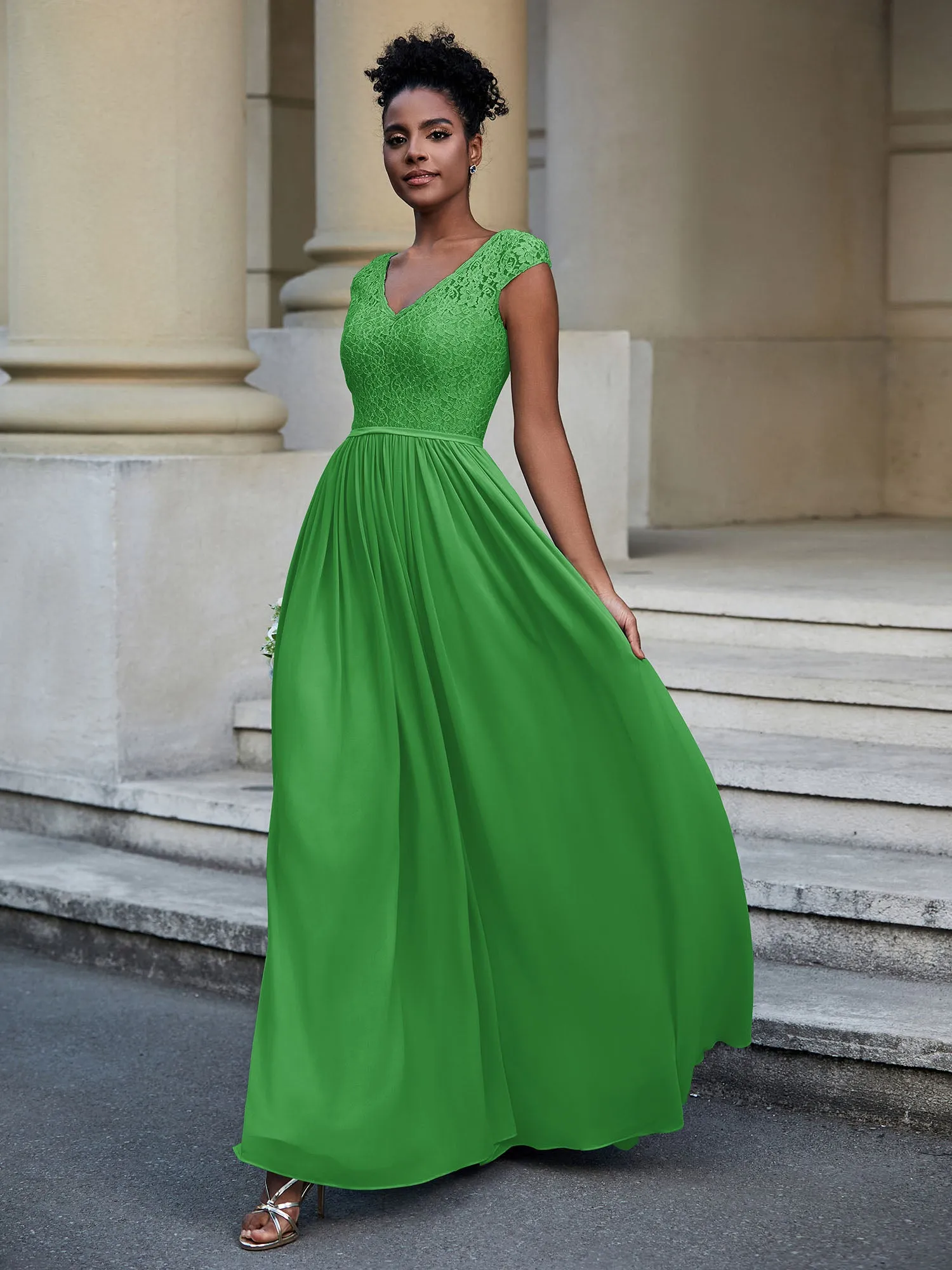 Lace and Chiffon Maxi Dress with Cap Sleeves-Green