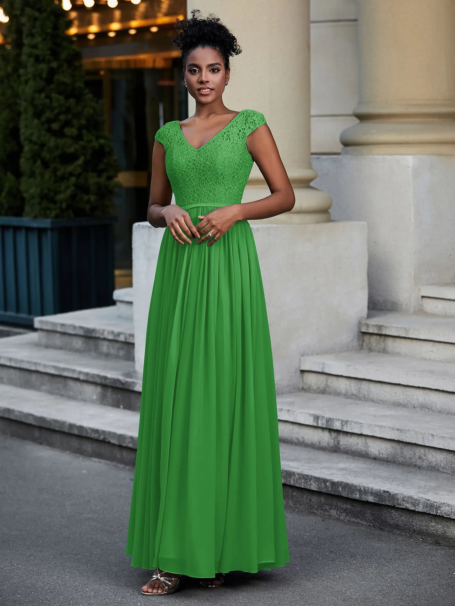 Lace and Chiffon Maxi Dress with Cap Sleeves-Green