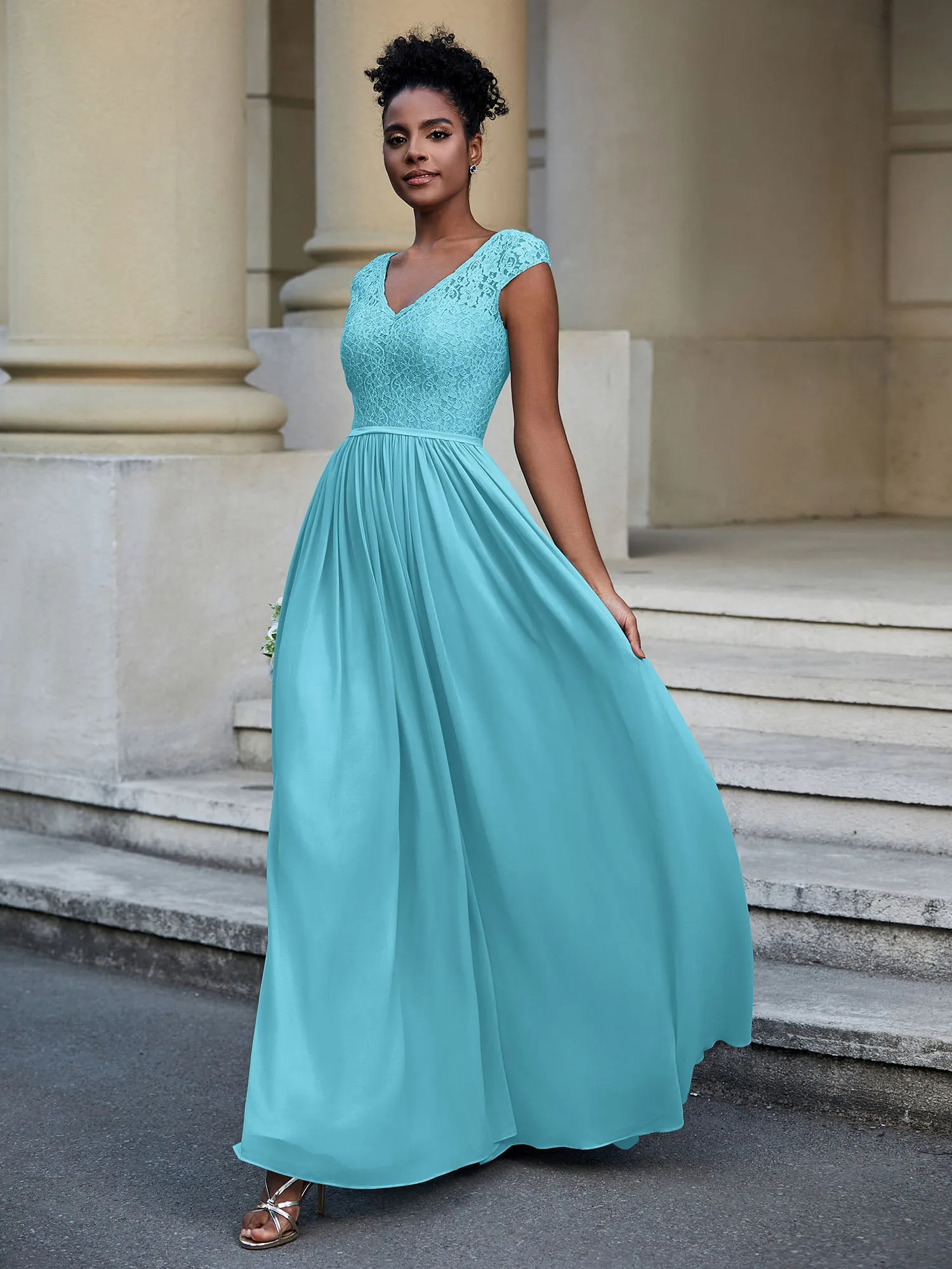 Lace and Chiffon Maxi Dress with Cap Sleeves-Pool