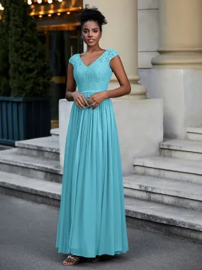 Lace and Chiffon Maxi Dress with Cap Sleeves-Pool