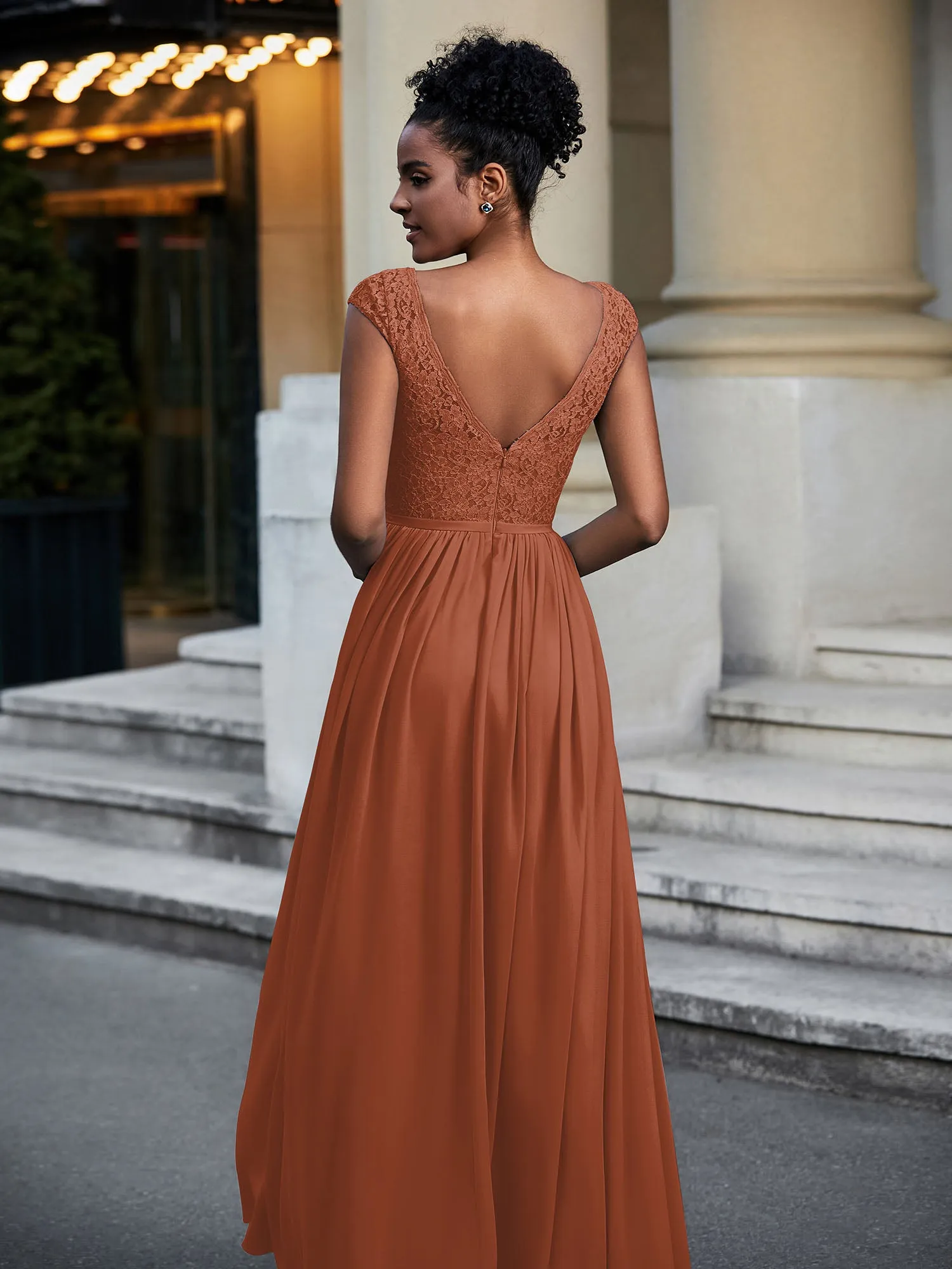 Lace and Chiffon Maxi Dress with Cap Sleeves-Rust