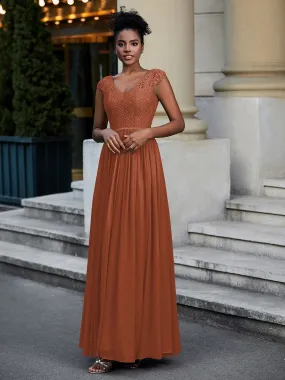 Lace and Chiffon Maxi Dress with Cap Sleeves-Rust