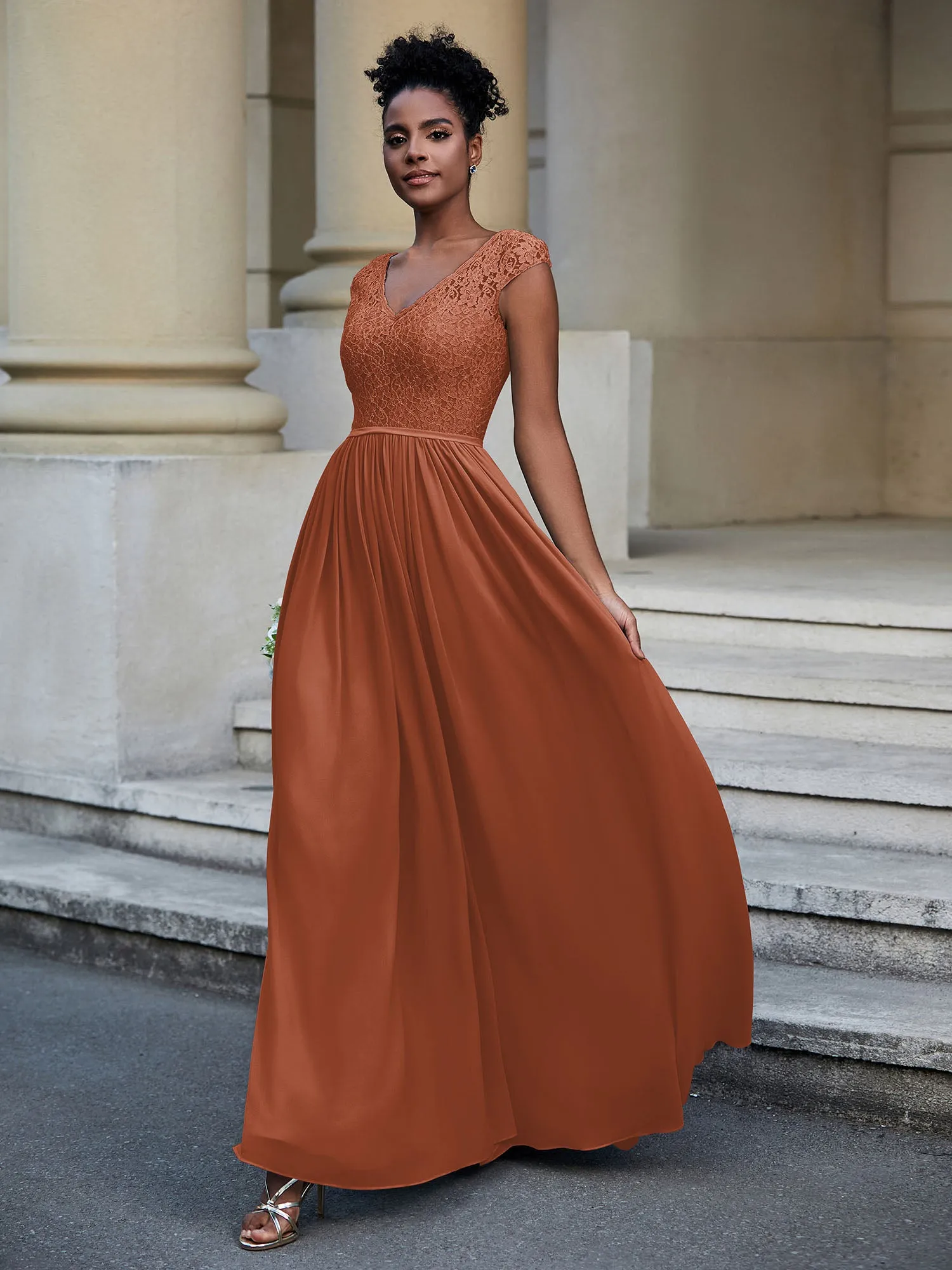 Lace and Chiffon Maxi Dress with Cap Sleeves-Rust