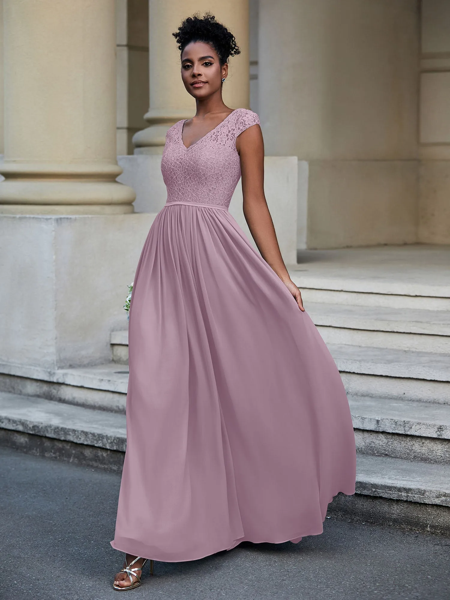 Lace and Chiffon Maxi Dress with Cap Sleeves-Vintage Mauve