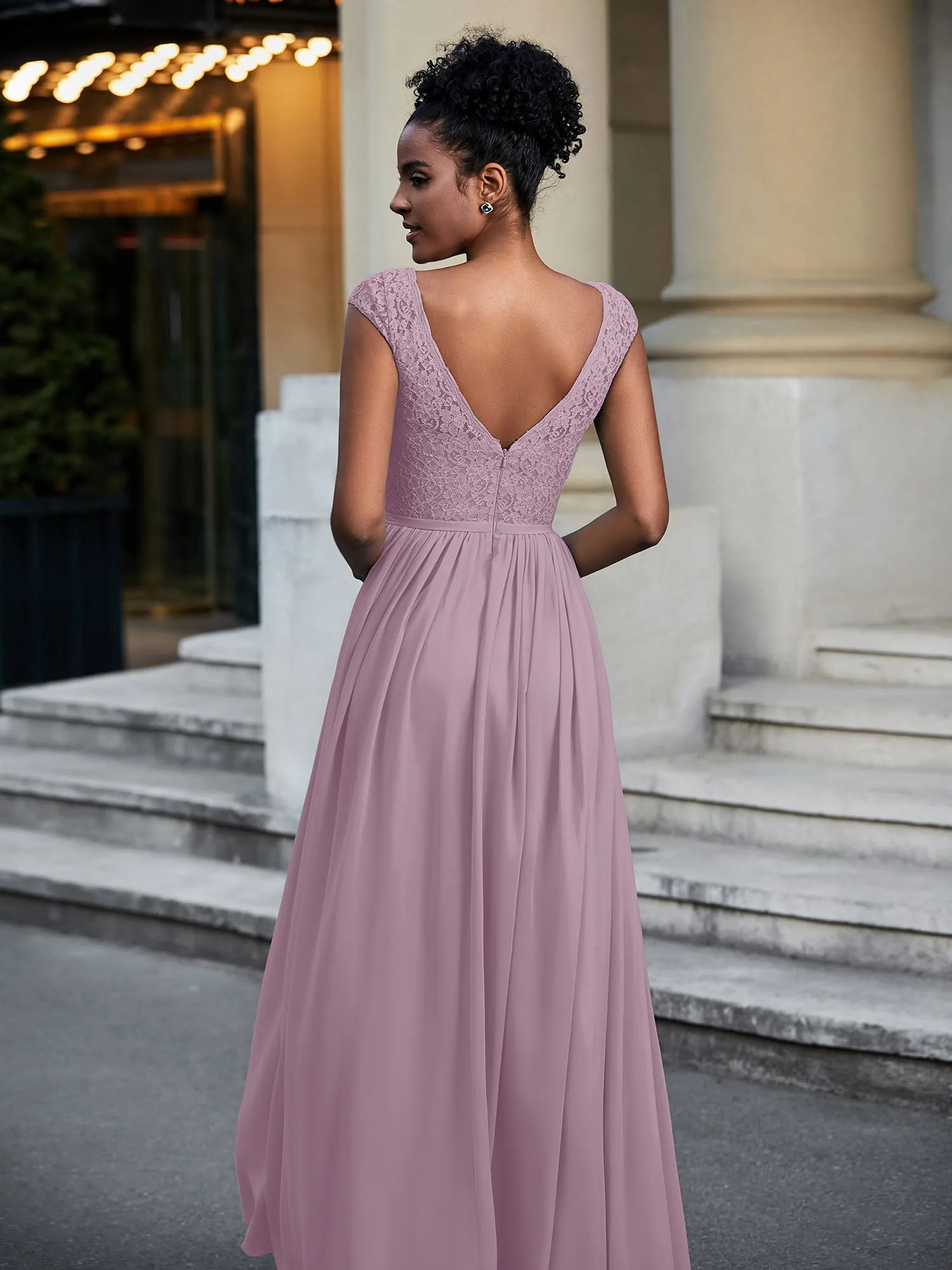 Lace and Chiffon Maxi Dress with Cap Sleeves-Vintage Mauve