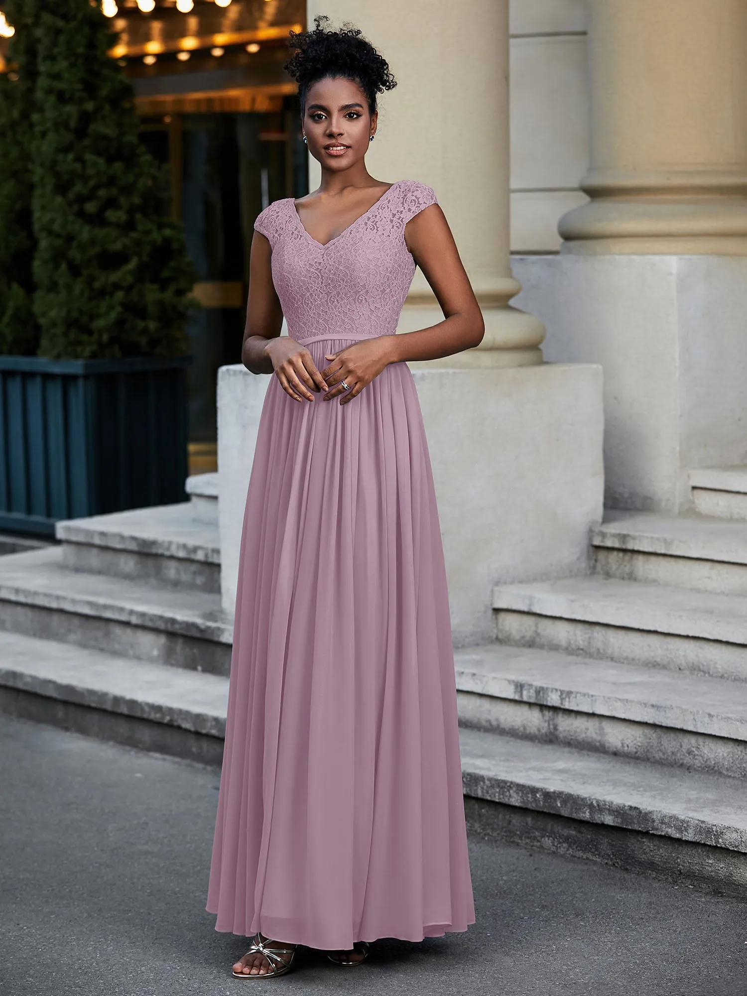 Lace and Chiffon Maxi Dress with Cap Sleeves-Vintage Mauve