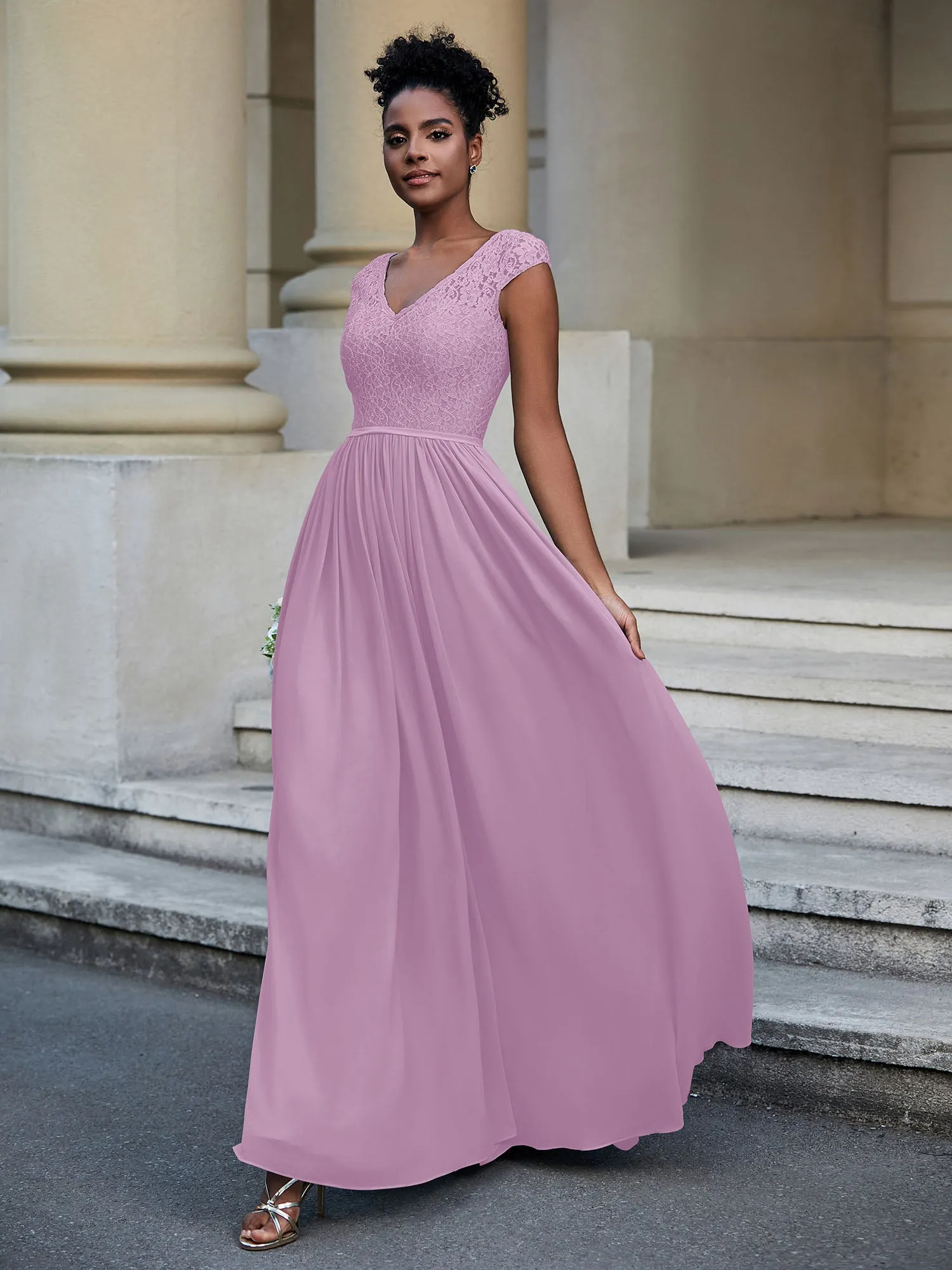Lace and Chiffon Maxi Dress with Cap Sleeves-Wisteria Plus Size