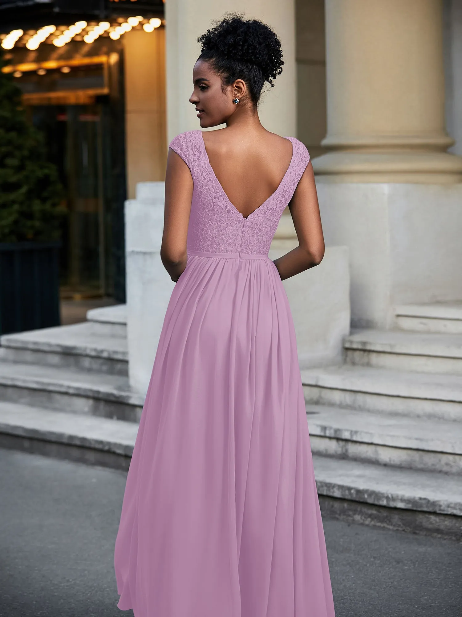 Lace and Chiffon Maxi Dress with Cap Sleeves-Wisteria Plus Size