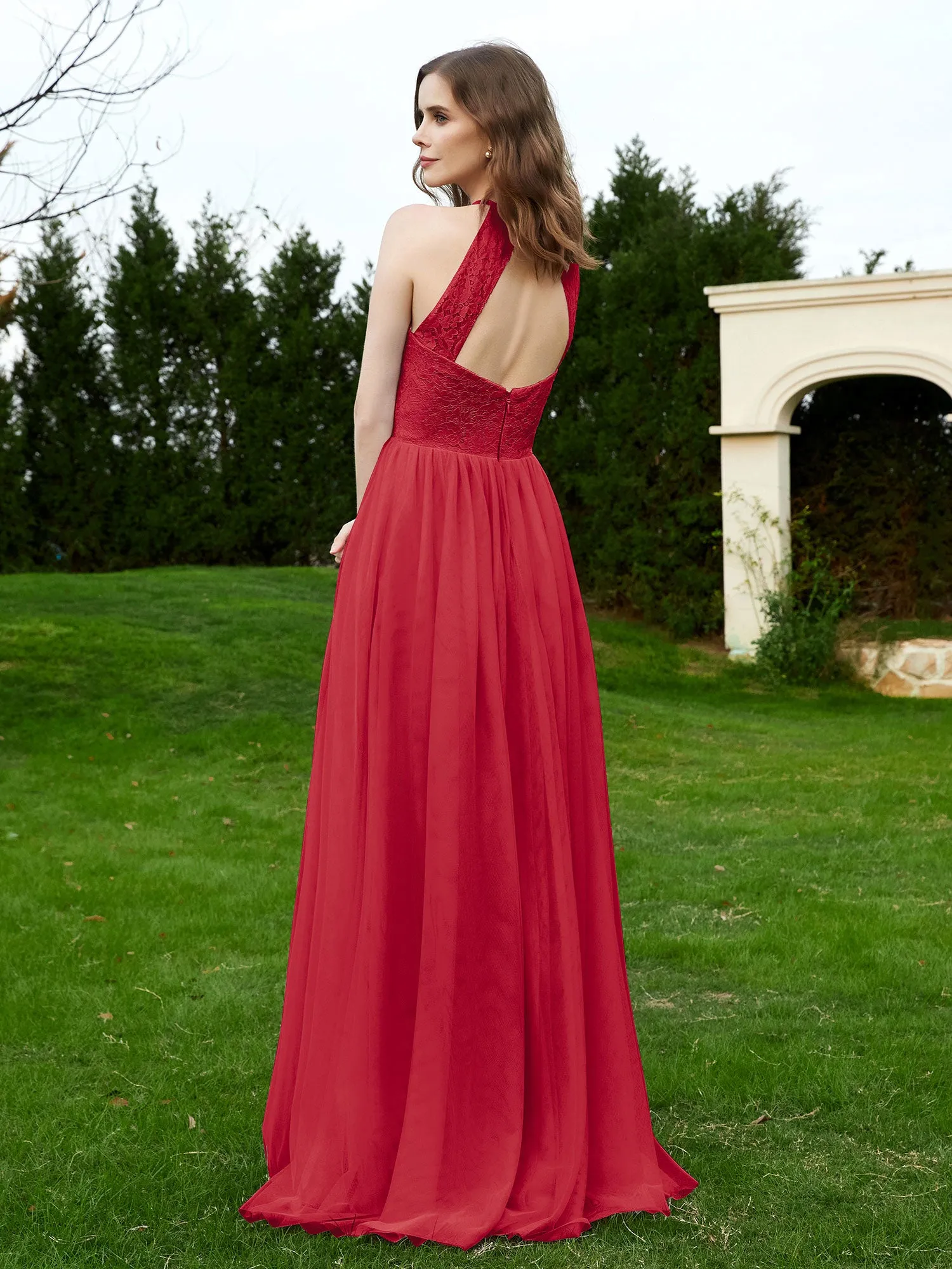 Lace Tulle Bridesmaid Gown Halter Neckline Burgundy