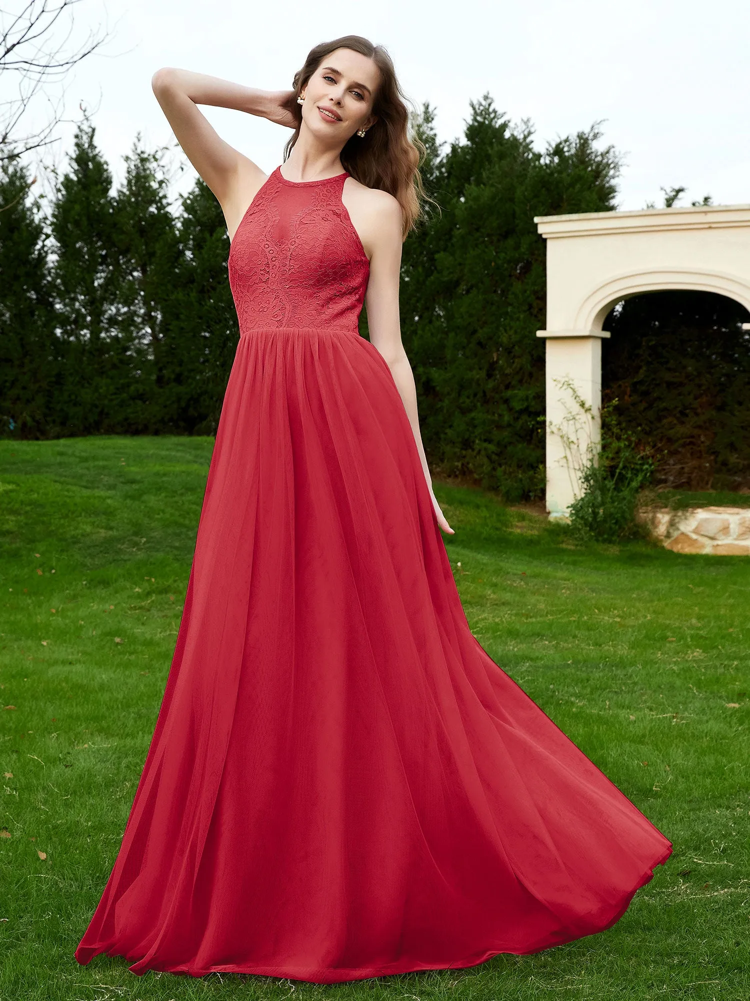 Lace Tulle Bridesmaid Gown Halter Neckline Burgundy