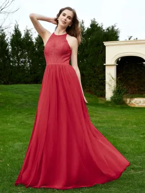 Lace Tulle Bridesmaid Gown Halter Neckline Burgundy
