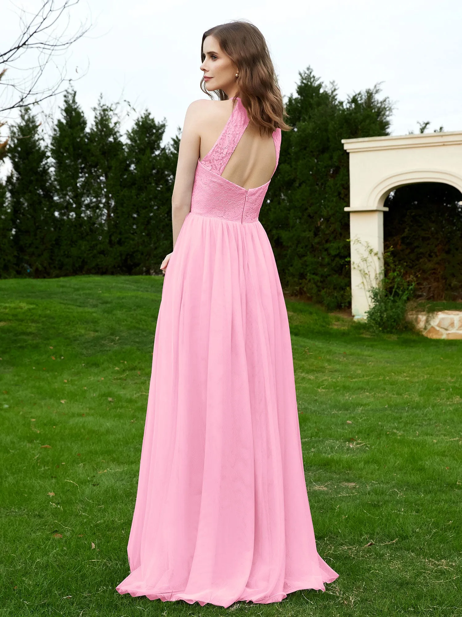Lace Tulle Bridesmaid Gown Halter Neckline Candy Pink