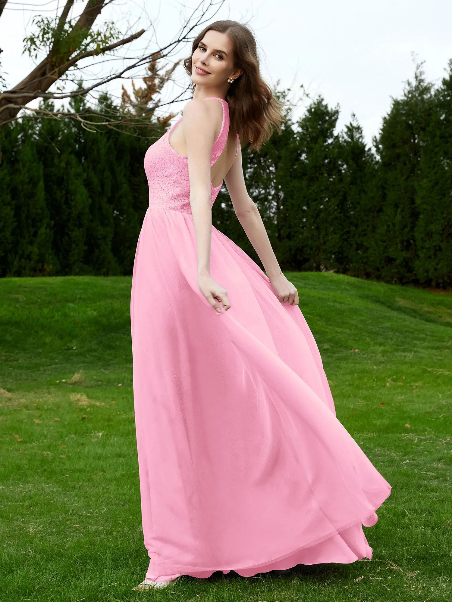 Lace Tulle Bridesmaid Gown Halter Neckline Candy Pink