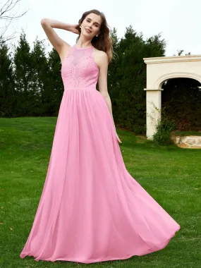Lace Tulle Bridesmaid Gown Halter Neckline Candy Pink